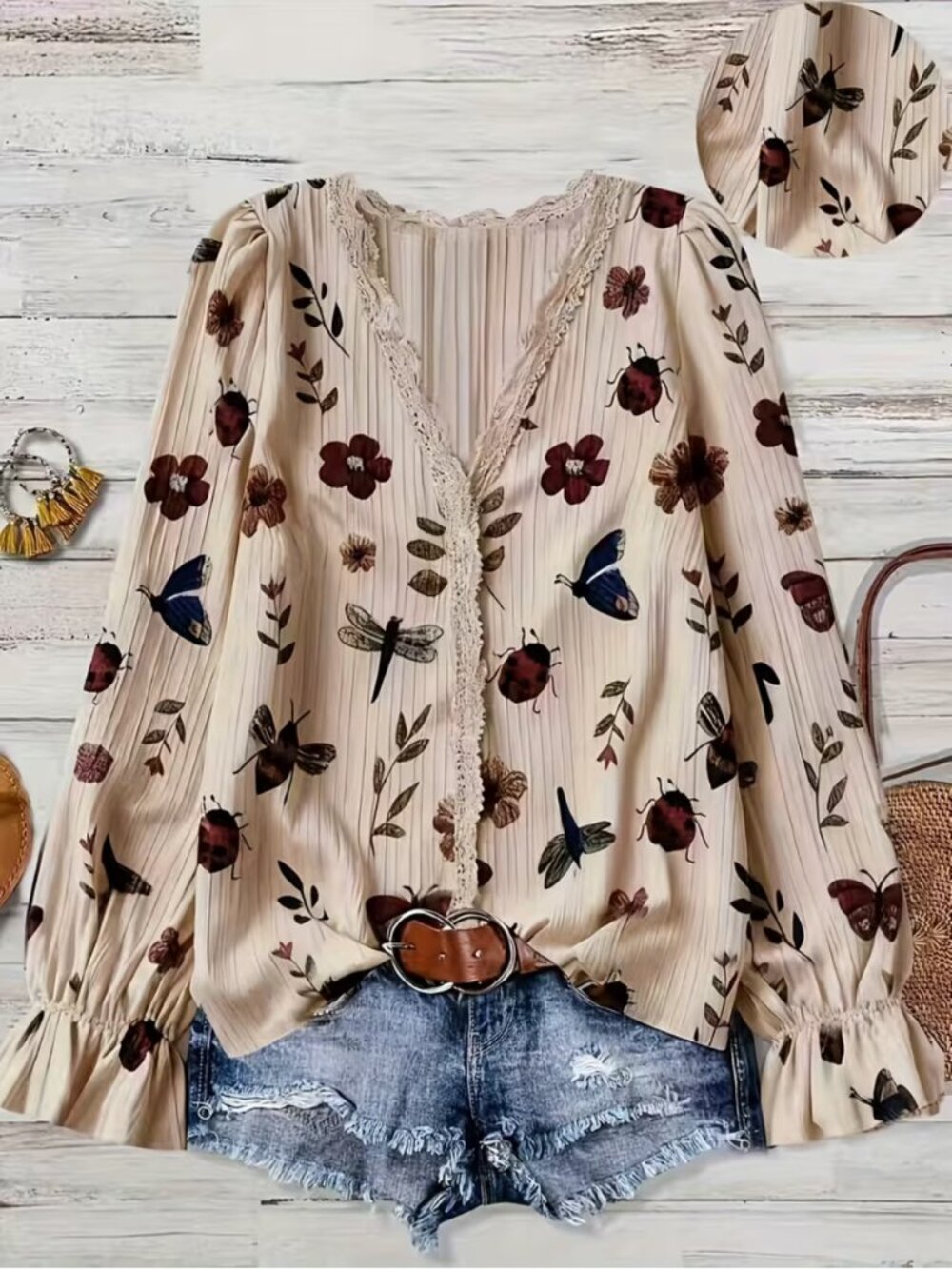 NWT Vintage Style Insect Print Blouse Ruffle Sleeve Beige Boho Top Sizes 14 & 18